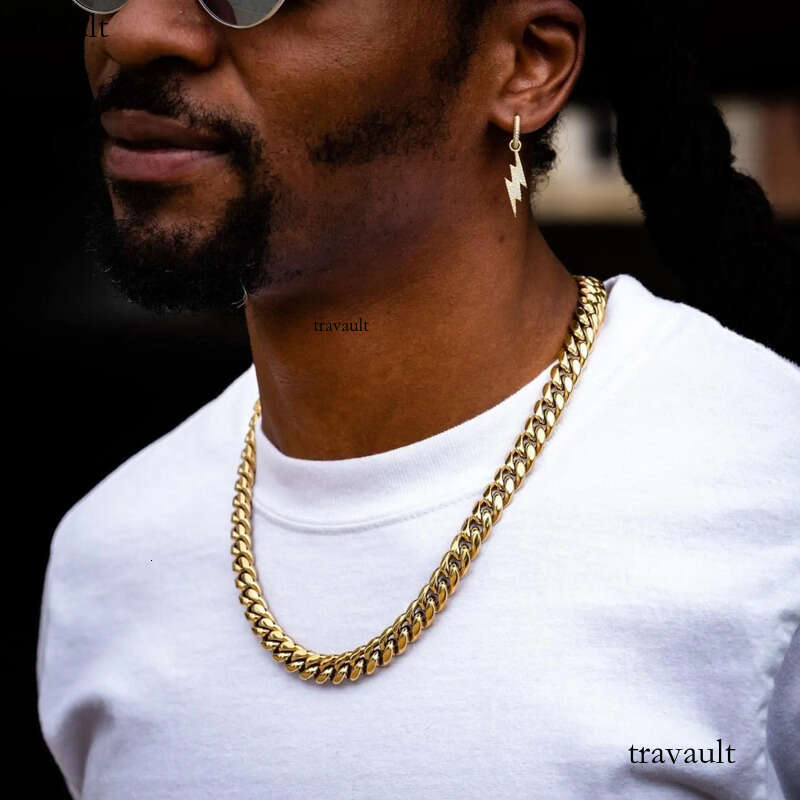 10/12MM Titanium Steel Plated Gold Miami Cuban Link Chain Mens Necklace Inlaid CZ Dia In Spring Buckle Personalized chains Hip Hop Designer Jewelry Gi