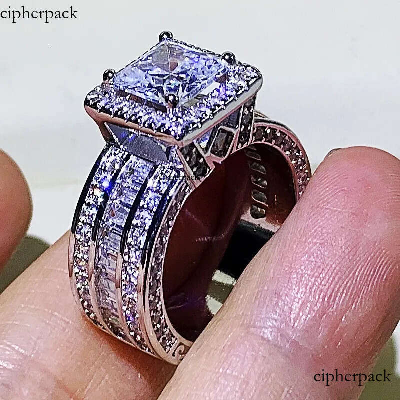 Rulalei Stunning Jewelry Sterling Sier Princess Cut Full White Topaz CZ Dia Promise Women Wedding Band Ring For Lover Gift cc