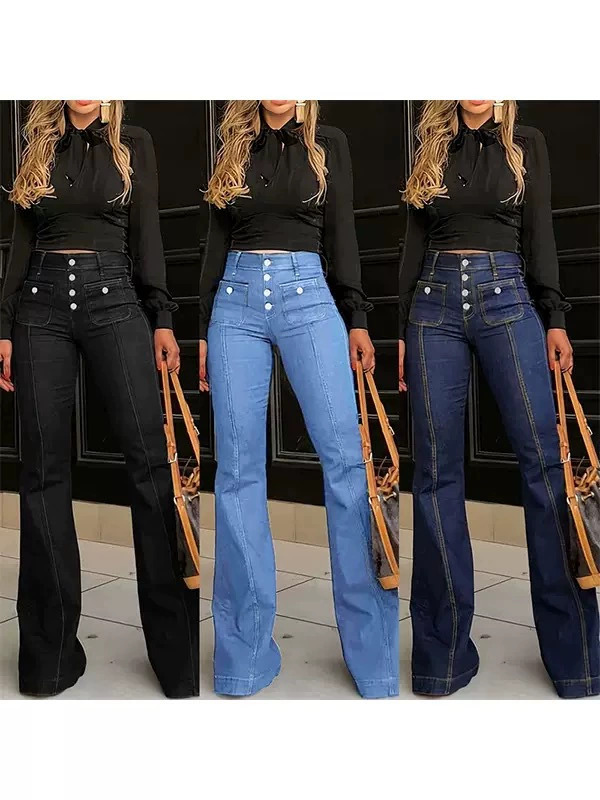 Women's with multi button design, light blue stretch, comfortable and trendy all year round, straight leg jeans for women ddmysept