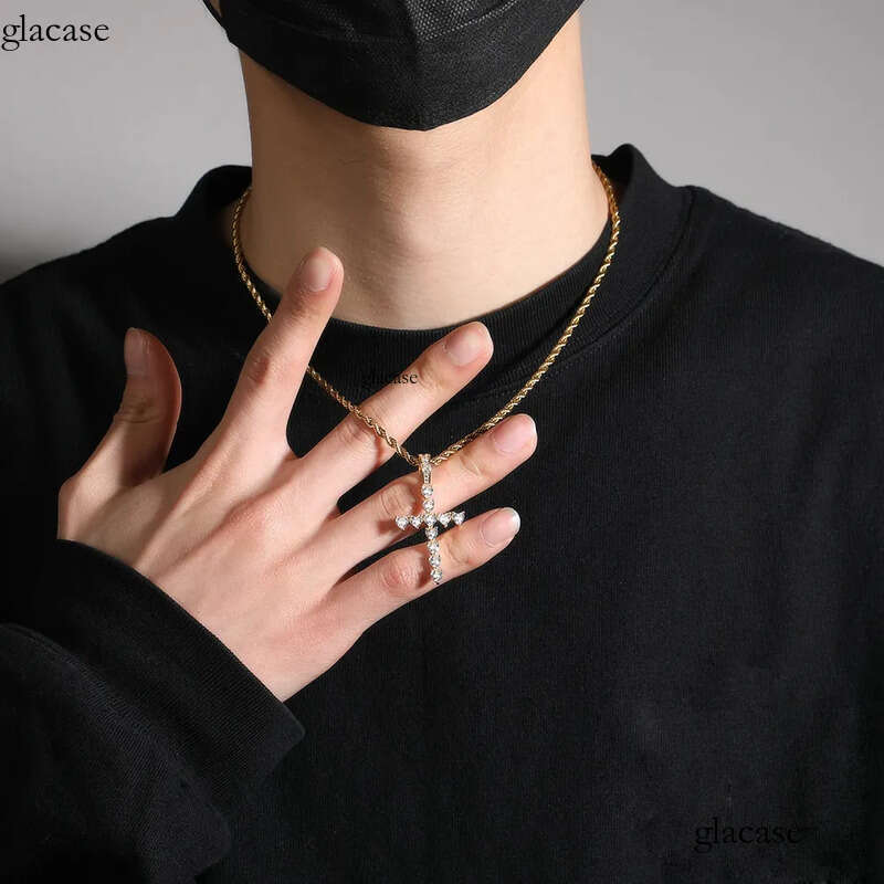 Hip Hop Fashion Charm Heart Shape Zircon Cross Pendant Necklace Crystal Real Gold Plated Women Men Religion Jewelry d6