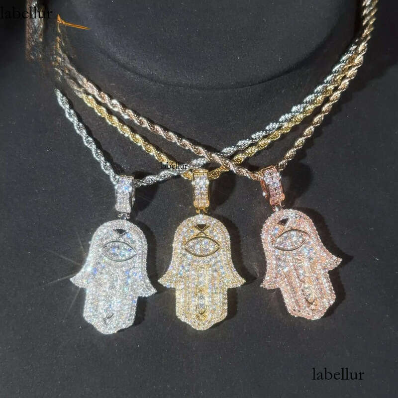 Ready to Ship Hip Hop Jewelry Hamsa Iced Out Sterling Sier Moissanite Pendant With Rope Chain for Men 53