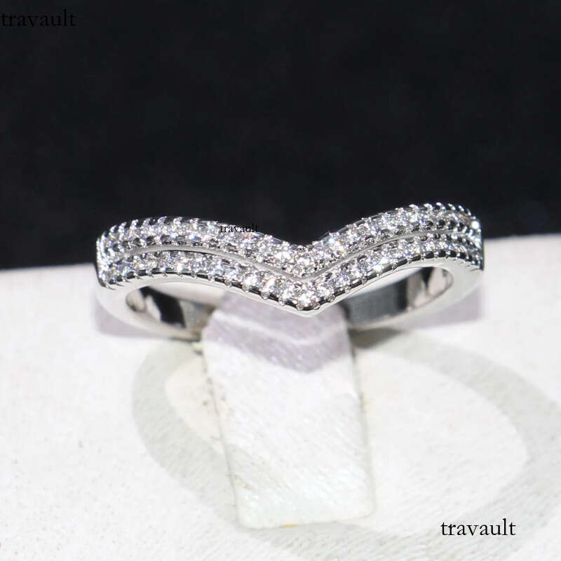 Double V Style Cute Jewelry Sterling Sier Pave White Sapphire CZ Dia Party New Female Wedding Band Ring For Lovers' Gift