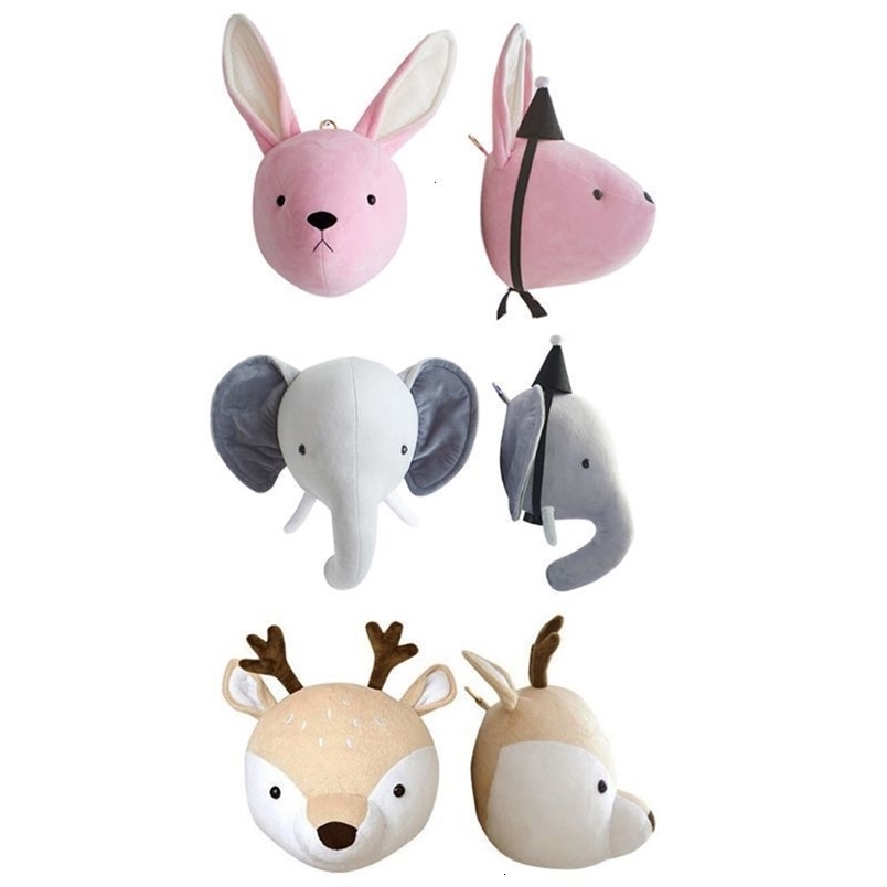 Wall Decor Cute Elephant Rabbit Deer Plush Stuffed Dolls Wall Mount Animal Head for Kids Room Kindergarten Decorative Toys 230317