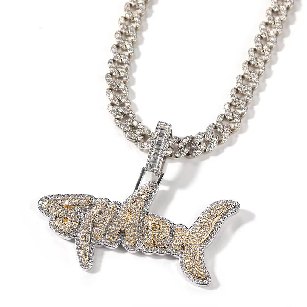 Fashionable personalized double-color micro-set diamond ice species shark letter hip-hop S925 necklace pendant jewelry