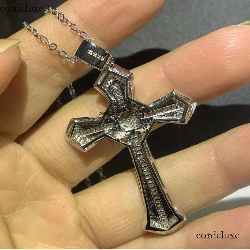 Rulalei Vintage Gorgeous Big 5A Cubic Zircon CZ Dia Sterling sier Cross Pendant Necklace for Women Men Party Wedding jewelry Gift 9b