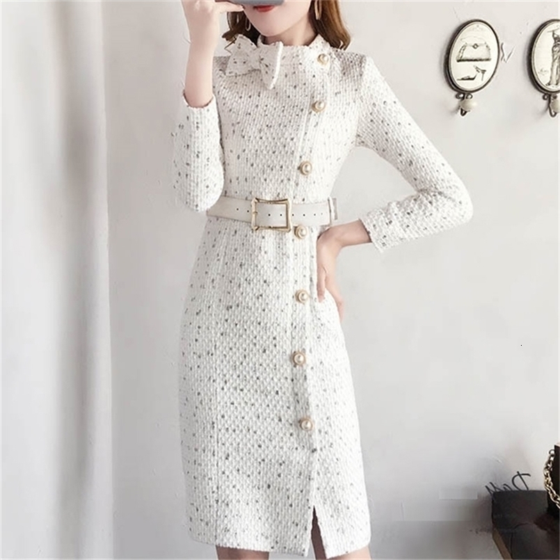 autumn winter Elegant Women Woolen Dress Pearl Button Tweed Sexy Split Long Sleeve high waist Pencil 210603