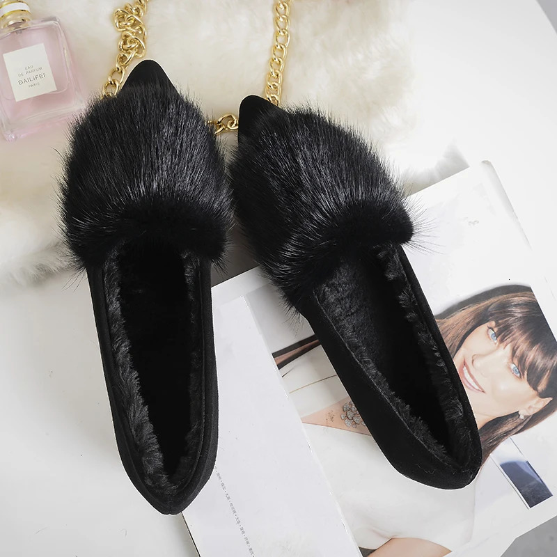 winter mink fur shoes woman pointy cozy plush flats furry moccasins women ballet flats flock mules slip on cotton shoes 250930