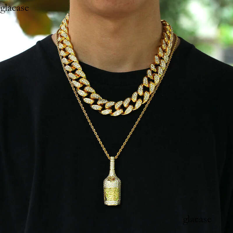Hip Hop Wine Bottle Pendant Necklace TopBling 5A Zircon Bar Pua Rap Mens Jewelry 80
