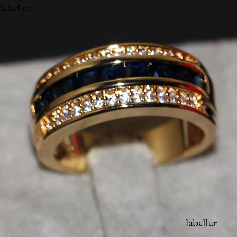 New Arrival Fashion Jewelry Handmade 10KT Yellow Gold Filled Princess Cut Blue Sapphire Party CZ Dia Men Wedding Band Finger Ring d2
