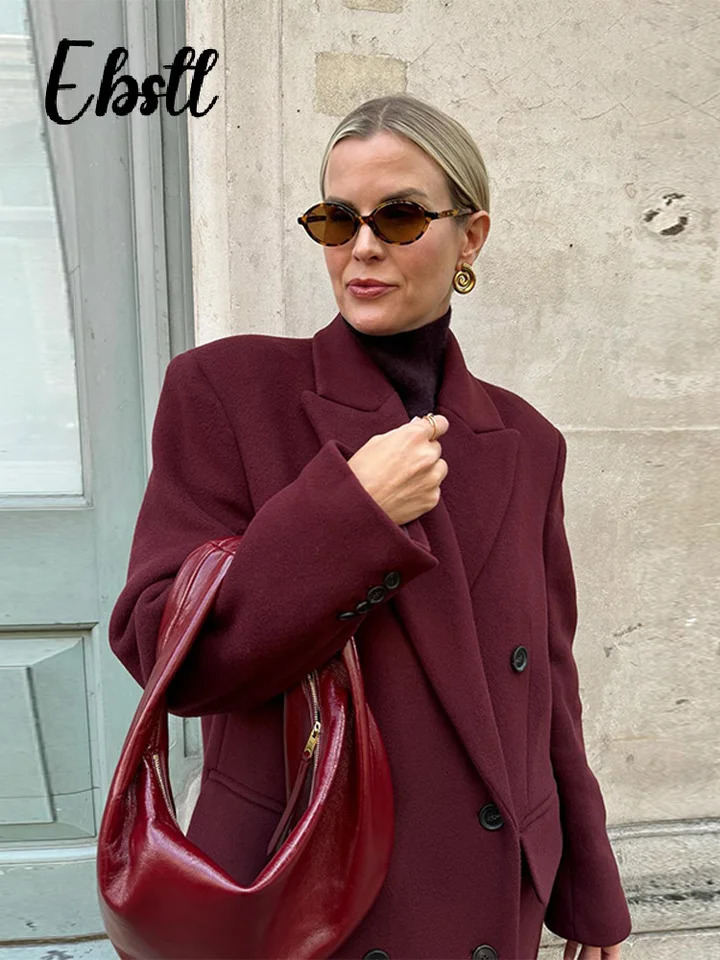 Wine Red Woolen Coats With Scarf Women Elegant Full Sleeve Double Breasted Long Overcoat 2025 Autumn Winter Lady Streetwear 251029
