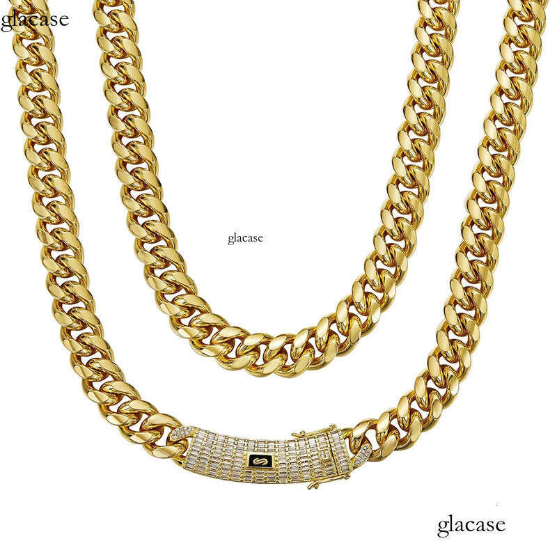 6-14mm Solid Stainless Steel Miami Cuban Chain Necklace Bracelets T Zircon Long Clasp 14K Gold Plated Jewelry c2