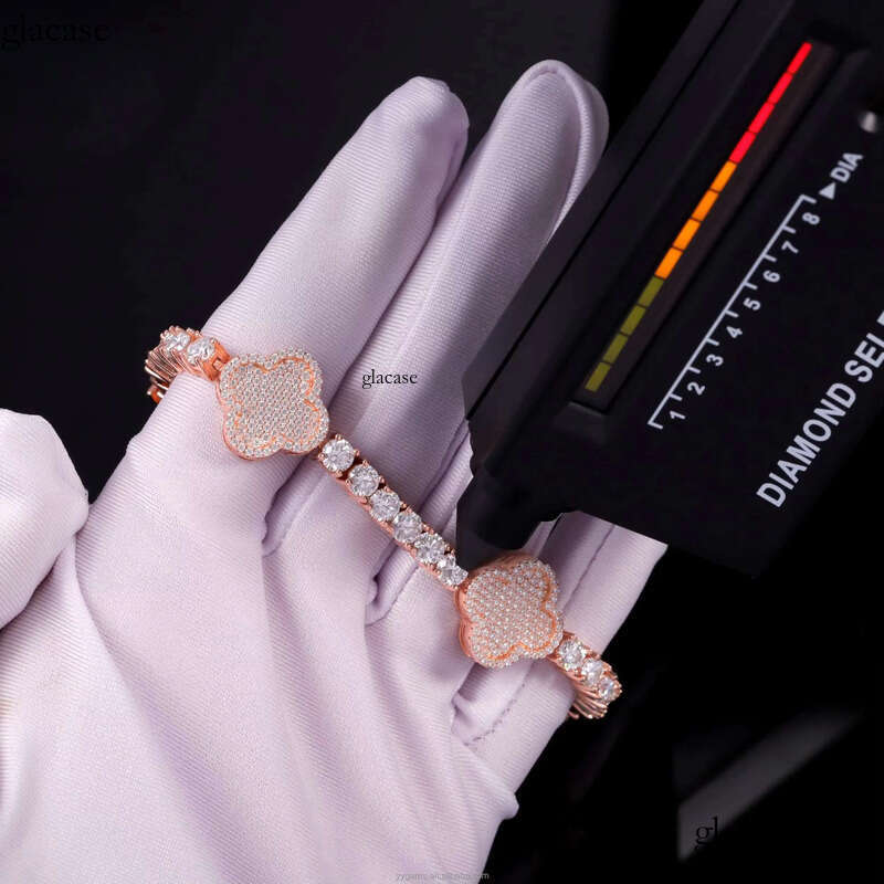 Yu Ying Clover Chain S Sier Gold Plated VVS1 Moissanite Tennis Bracelet Mens Women b7
