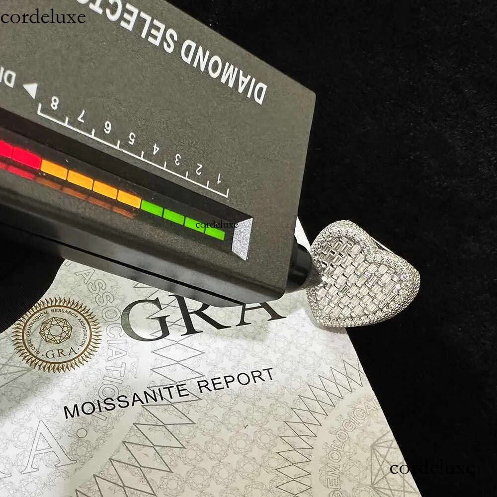 Pass Dia Tester S Sier Iced Out VVS Baguette Moissanite Heart Ring and Rappers Hip Hop Jewelry With GRA Certificate 2b