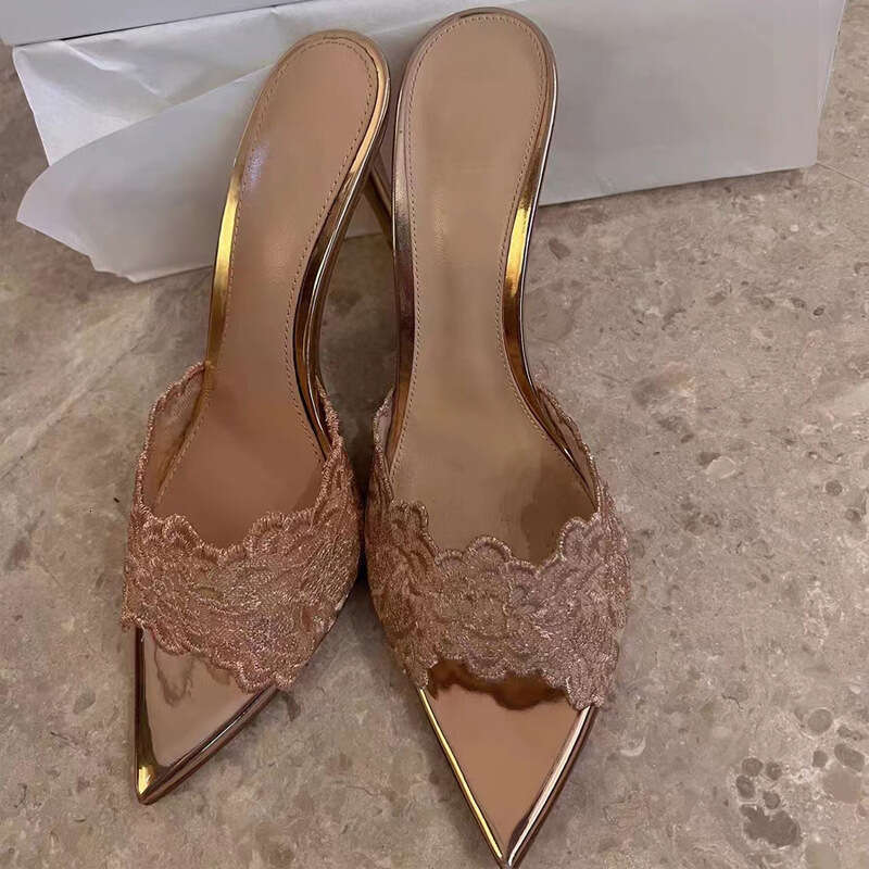 35-42 Plus Size 2025 French Style Milk Apricot Lace Designer Shoe High Heel Slippers for Women Versatile Stiletto Socialite Niche Pointed Toe One-Stra