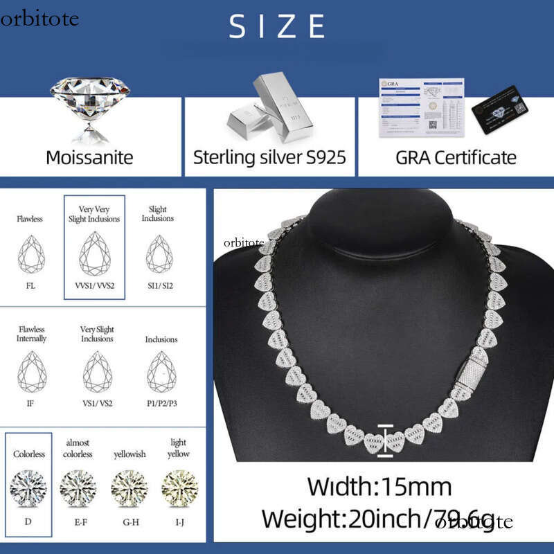 Dropshipping Hip Hop Jewelry 13mm Sterg Sier VVS Moissanite Dia Iced Out Heart Shape Tennis Chain Necklace 67