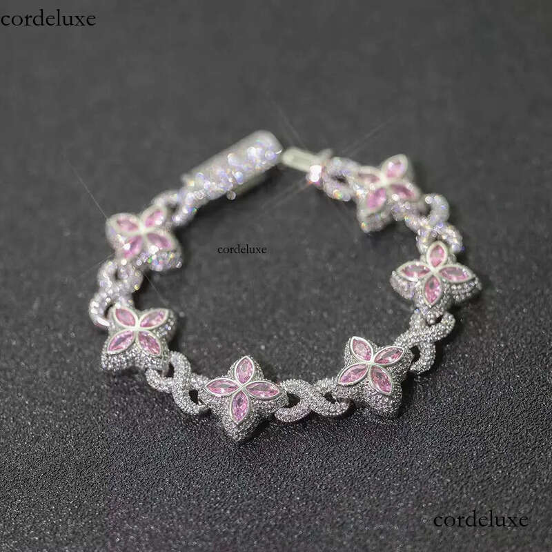 New Style 8mm Hip-Hop Jewelry Colorful Four Leaf Clover Sier Plated Brass 5A Moissanite Cuban Chain Bracelet for Women 14