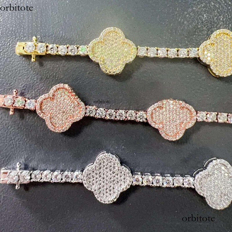 Goldleaf New Product SIER Moissanite Trendy Hip Hop Style Iced Out Lucky Flower Cuban Link Chain Bracelet 16