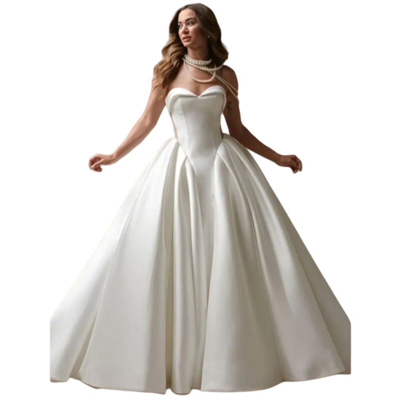Simple Satin A-Line Wedding Dresses Pleats Strapless Puffy Princess Bride Gown With Pockets Long Sweetheart Corset Formal Dress Lace-Up Back - view 8