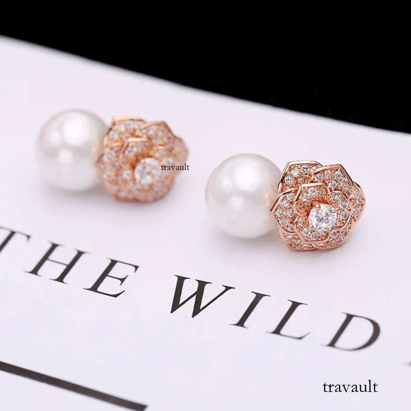 Elegant Freshwater Camellia Flower Earrings for Women Dia Zircon Stud Ball Pearl Earring Fashion Wedding Jewelry Nice Gift