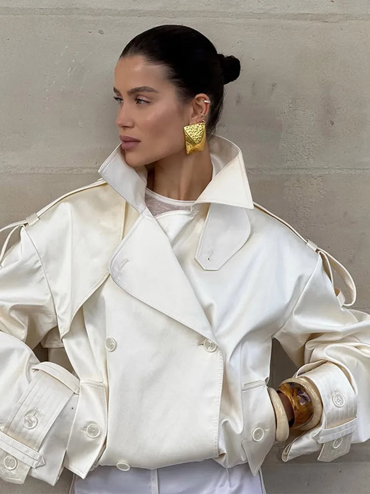 Elegant Cropped Trench Coats Womens 2025 Lace Up Lapel Vneck Windbreaker Jackets Autumn Street Casual Office Lady Outerwears 250929