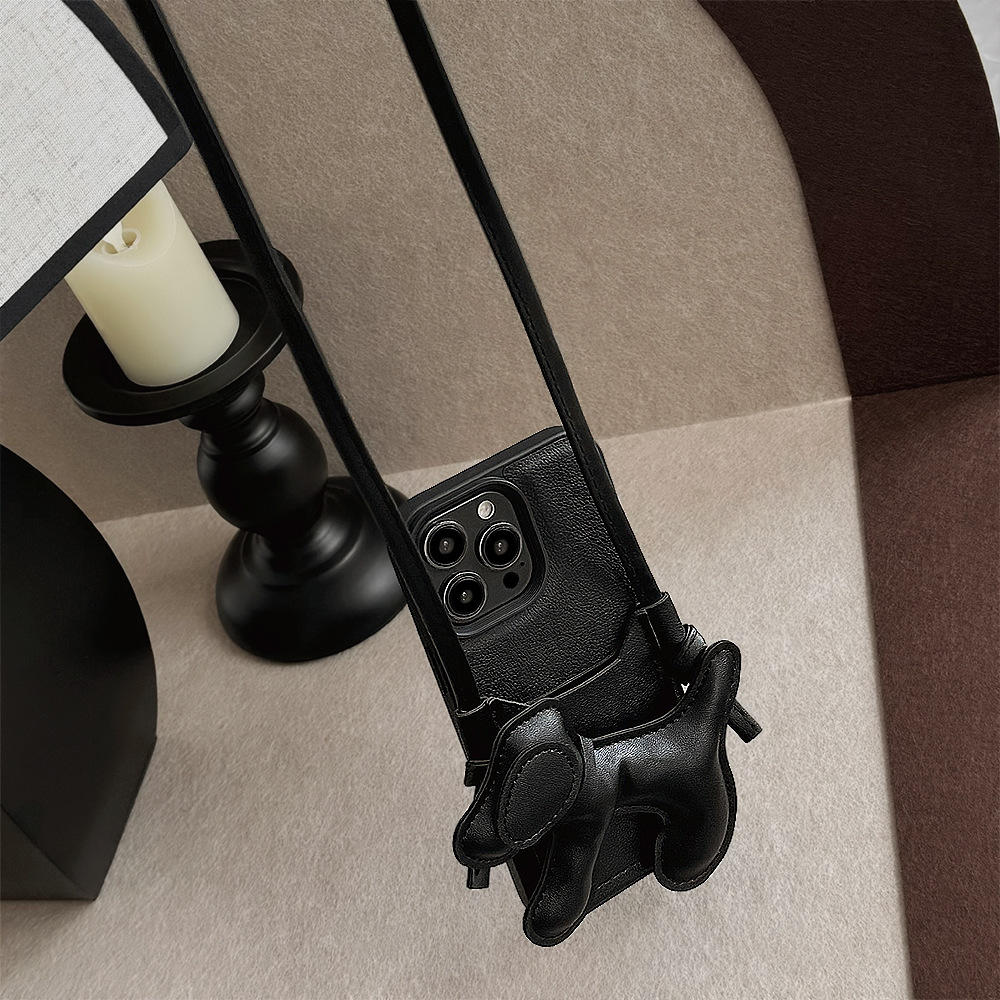 Luxury Korean Crossbody Lanyard Necklace Dog Puppy Card Holder Black Case for IPhone 17 16 15 14 13 12 Pro Max Shockproof Cover