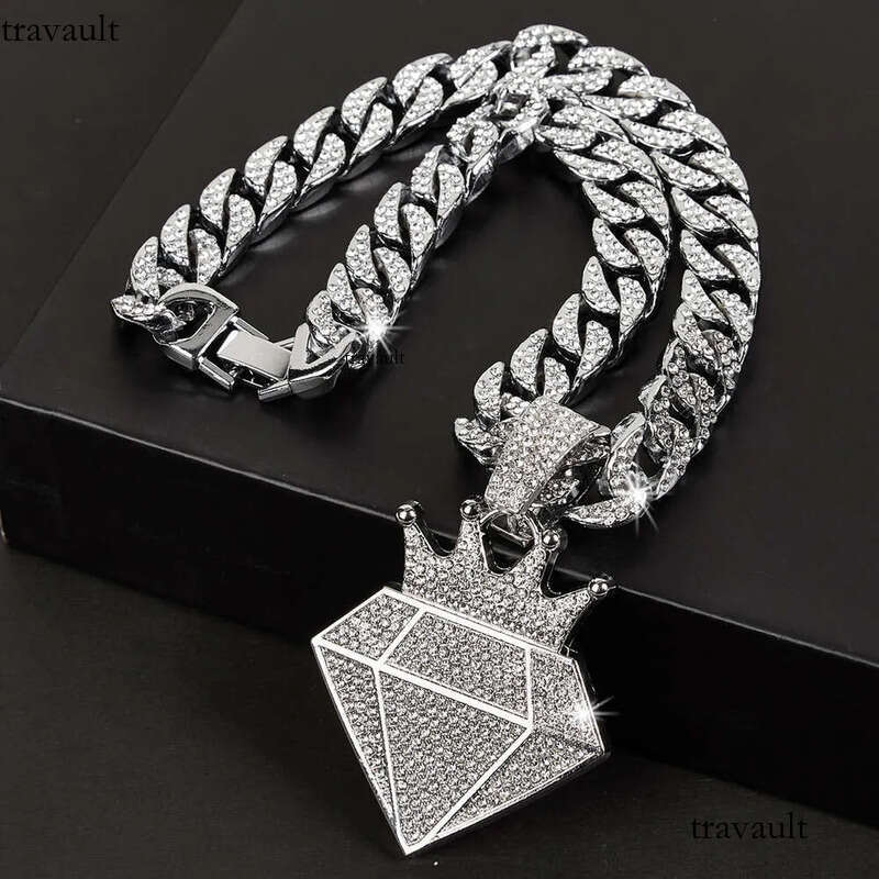 Hip Hop Iced Out Dia Crown Pendant Necklace Men Women with 13mm Bling Cuban Gold Chain Fashion cosplay Jewelry Gift