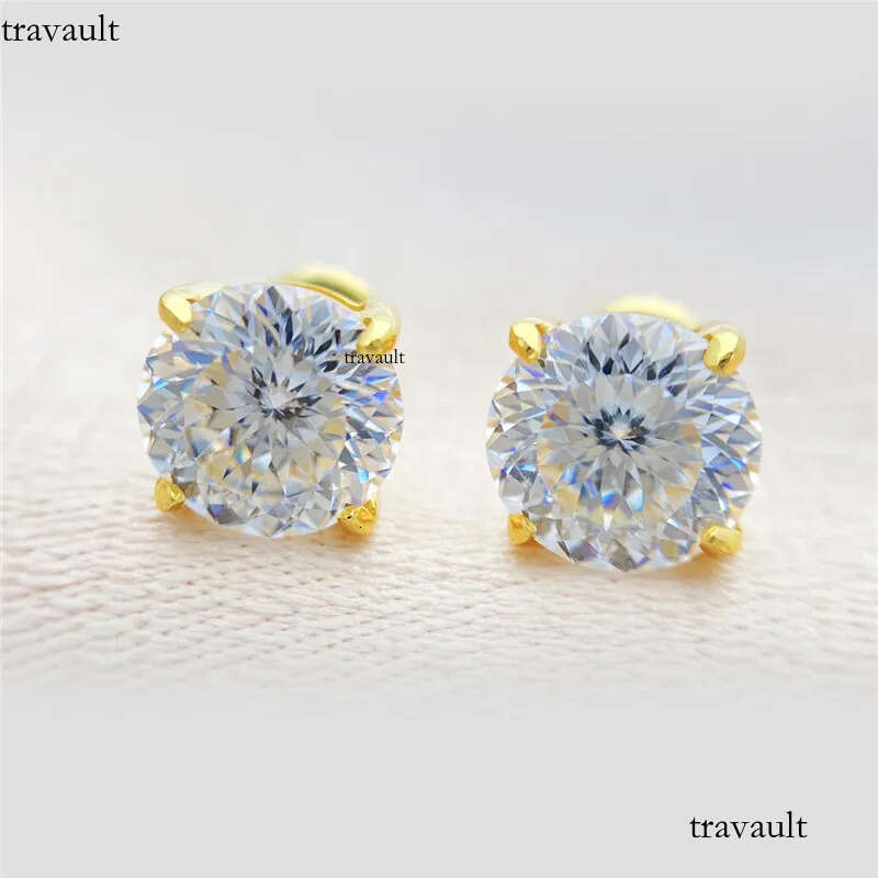 America And European Fashion Sterling Sier Gold Plated Bling Moissanite Dia Round Studs Earrings Nice Jewelry Gift