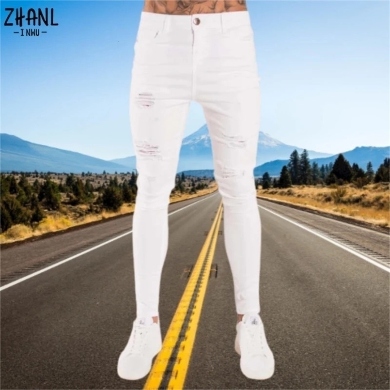Jeans White Men Elastic Waist Skinny Jeans Stretch Ripped Denim Pants Streetwear Summer Mens High Quality Joggers Trousers 250603