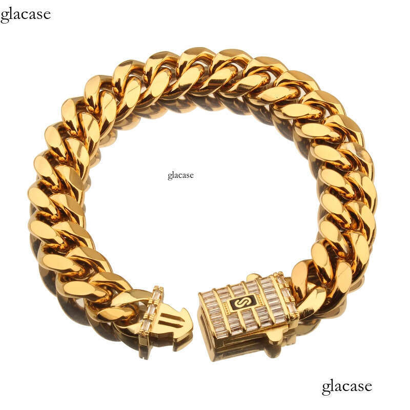 6mm-14mm Hip Hop Stainless Steel Miami Cuban Link Chain Real Gold Plated T Zircon Clasp Mens Necklace Jewelry 73