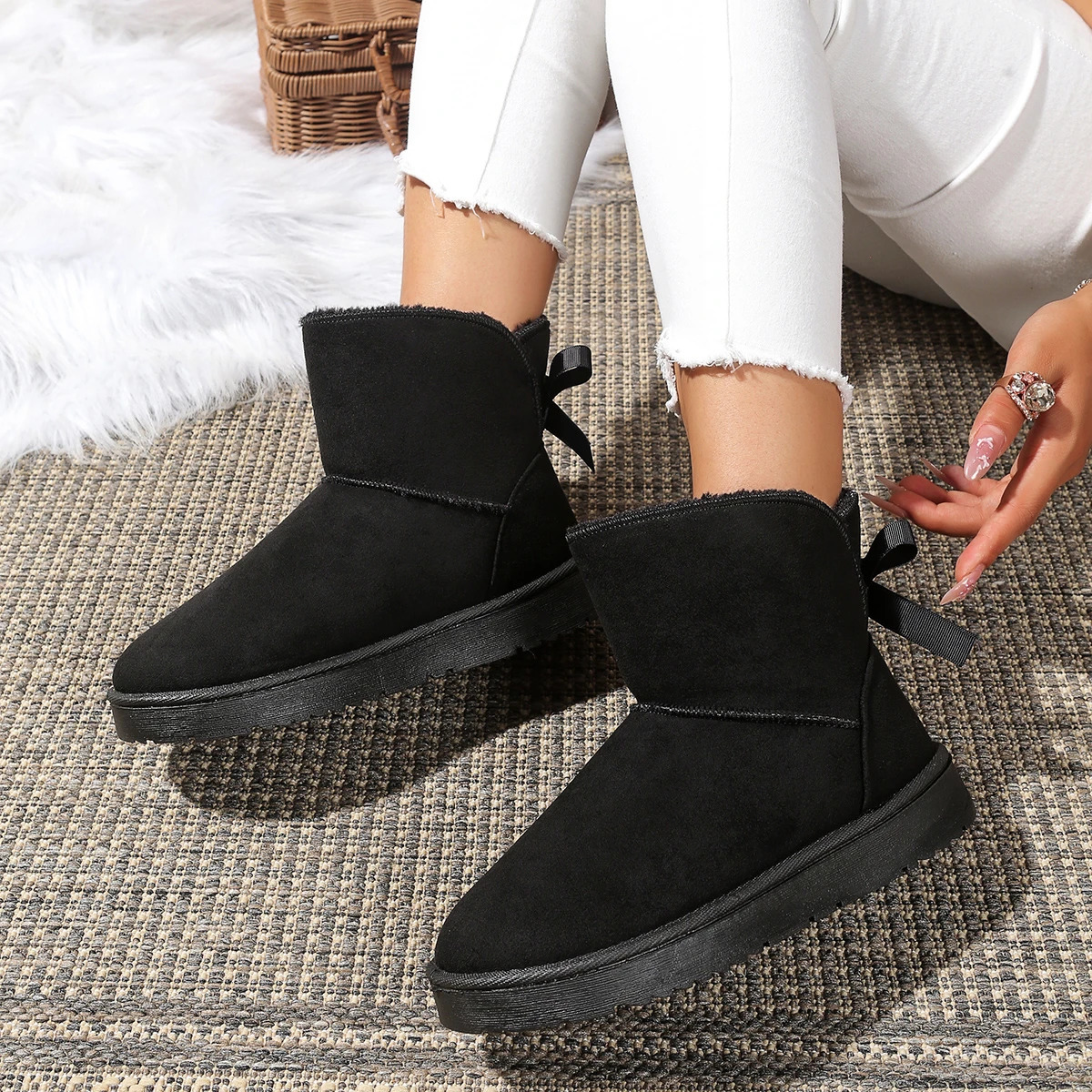 Women Snow Boots Couples Ankle Boots Fashion Round Toe Bow Thick Plush Casual Comfortable Womens Boots 250929