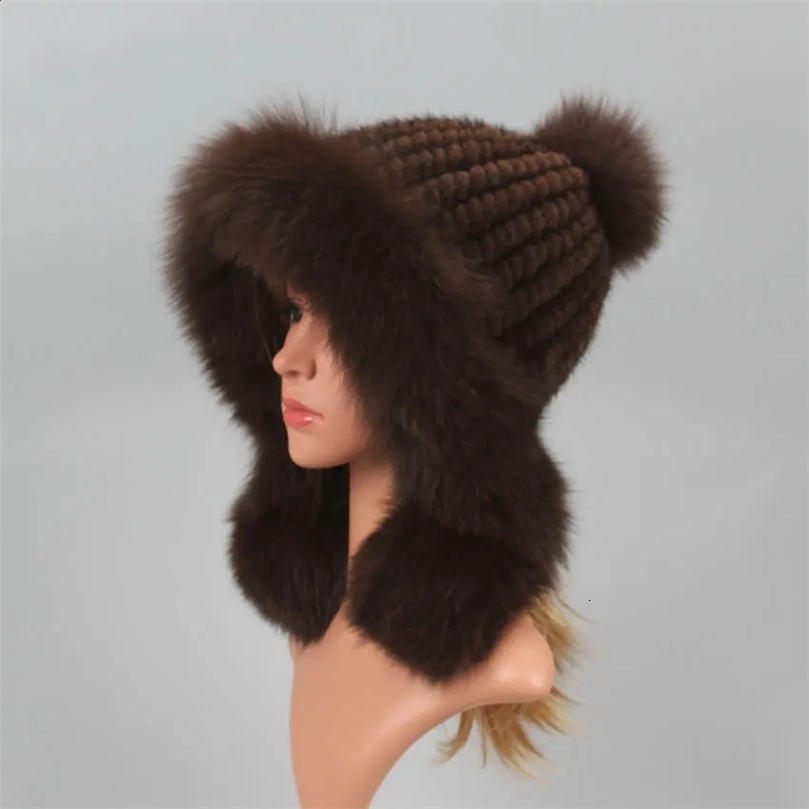 Real Mink Fur Hat with Fox Ball Earmuffs Protective Cap Winter for Women Russian Autumn Beanies Fall Bonnets 241119w
