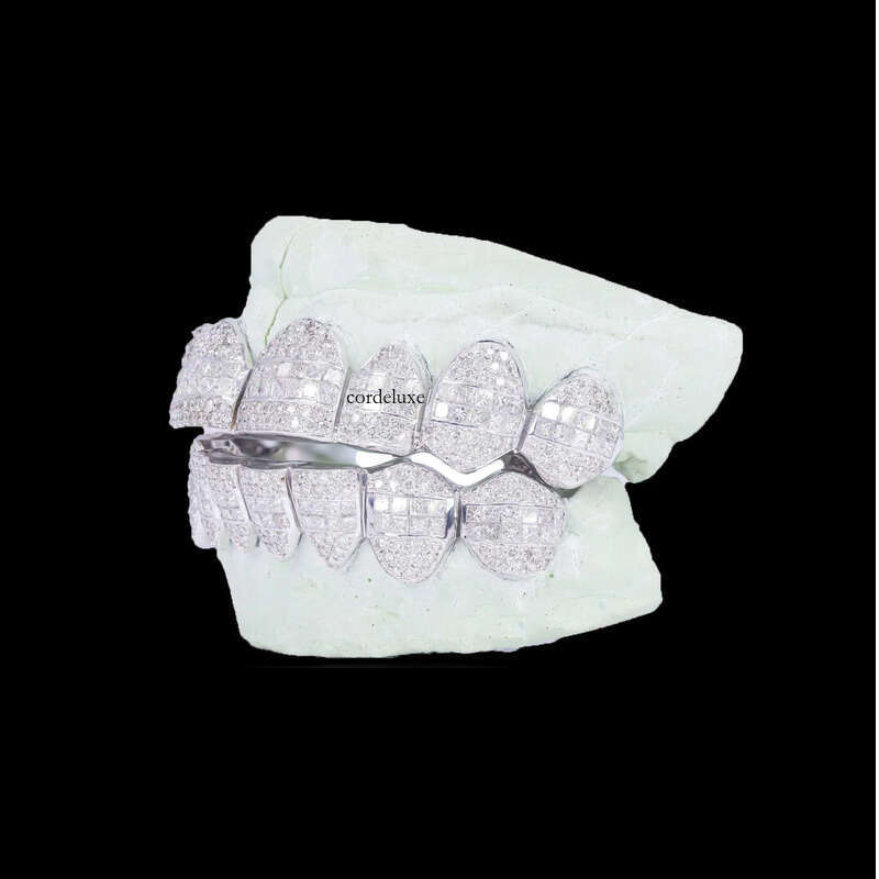 Custom VVS Moissanite Dia Grillz Top And BOTTOM Teeth 10K 14K Gold Plate Princess Cut Invisible Setting Iced Out Decoration 74