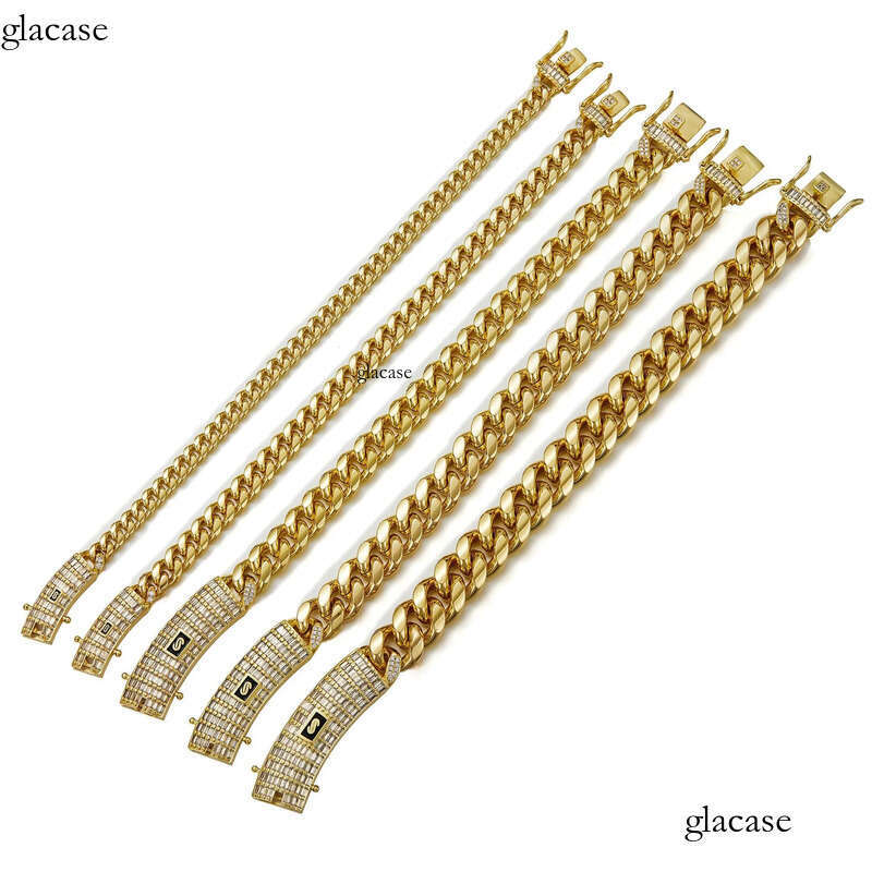 6-14mm Solid Stainless Steel Miami Cuban Chain Necklace Bracelets T Zircon Long Clasp 14K Gold Plated Jewelry c2