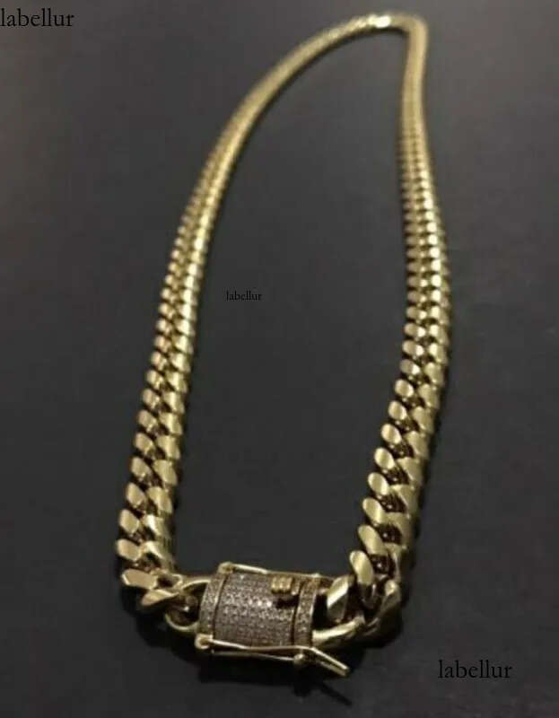 Moissanite Mens Gold Tone 316L Stainless Steel Necklace Cuban Link Chain with Dias Clasp Lock a2