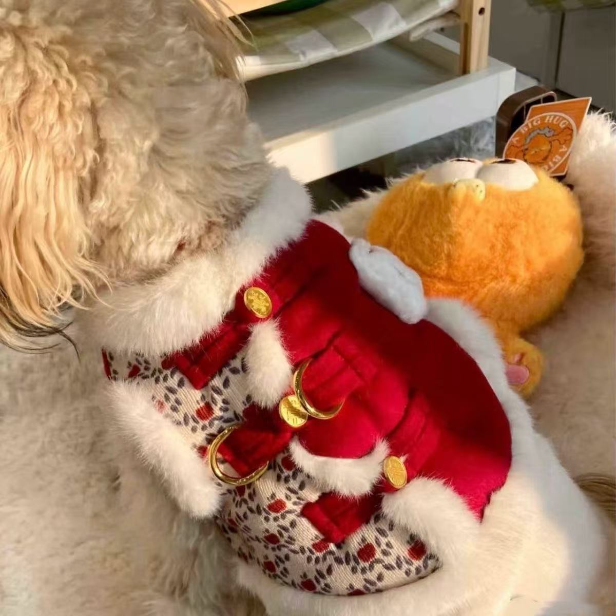T1111 Dog autumn and winter clothes cat plush princess Tang suit New Year festive fur traction small pet warm