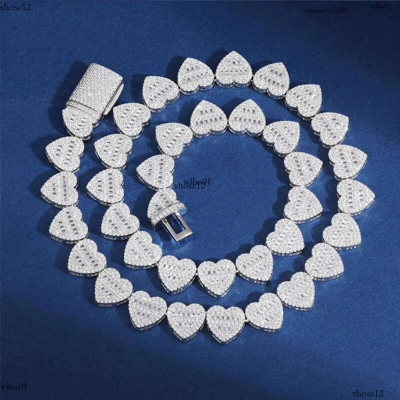 Dropshipping Hip Hop Jewelry 13mm Sterg Sier VVS Moissanite Dia Iced Out Heart Shape Tennis Chain Necklace