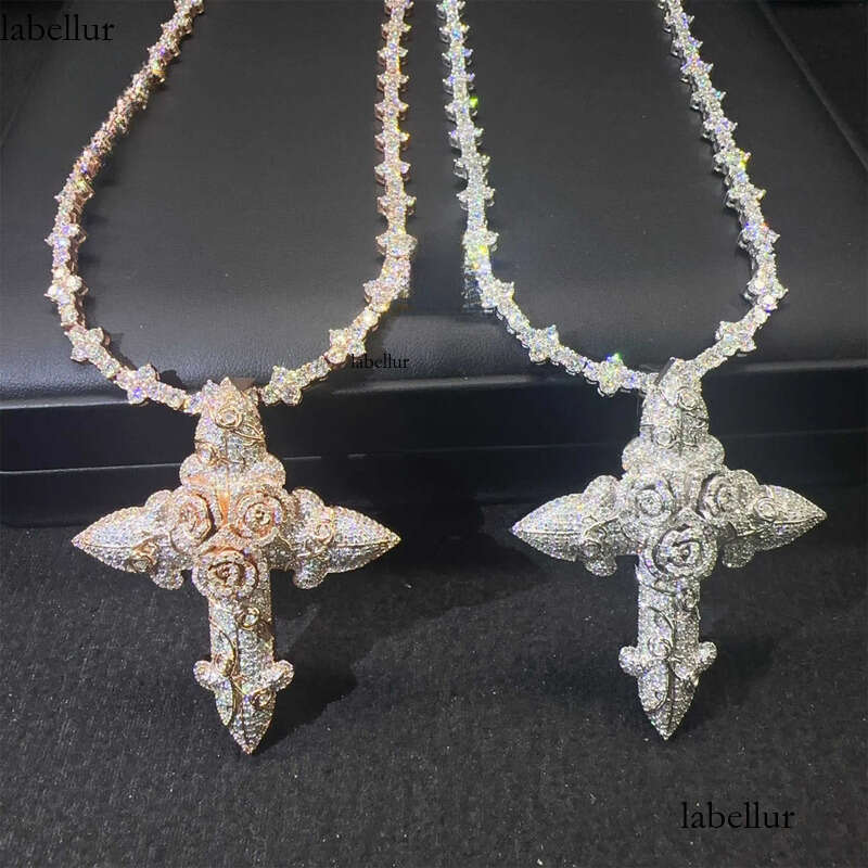 In Stock Fashion Man Jewelry Gold Color Hip Hop S VVS1 Moissanite Dia Rose Flower Cross Pendant Necklace Set 57