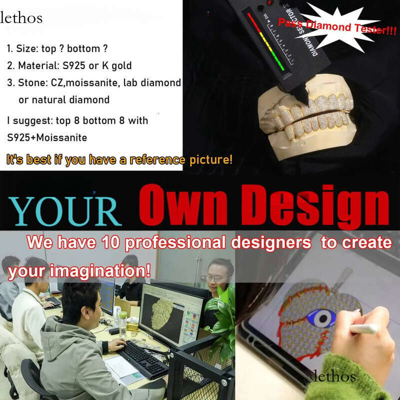Pass Dia Tester Princess Cut Custom Moissanite Grillz Hiphop Jewelry Sier Gold Iced Out Dental Grills for Teeth 1c