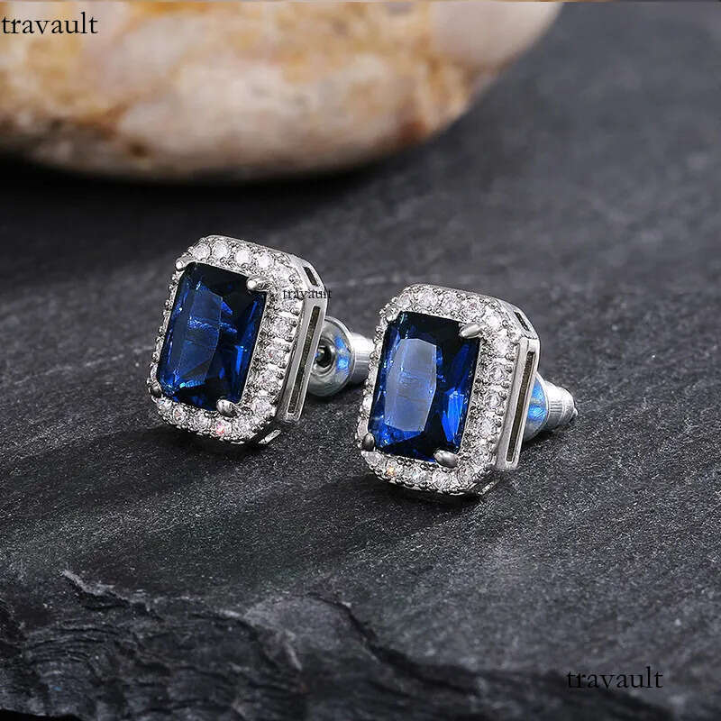 Handmade Sparkling Stud Earrings Jewelry Sterling Sier Princess Cut Emerald Zircon CZ Dia Party Elegant Women Wedding Earring Gift