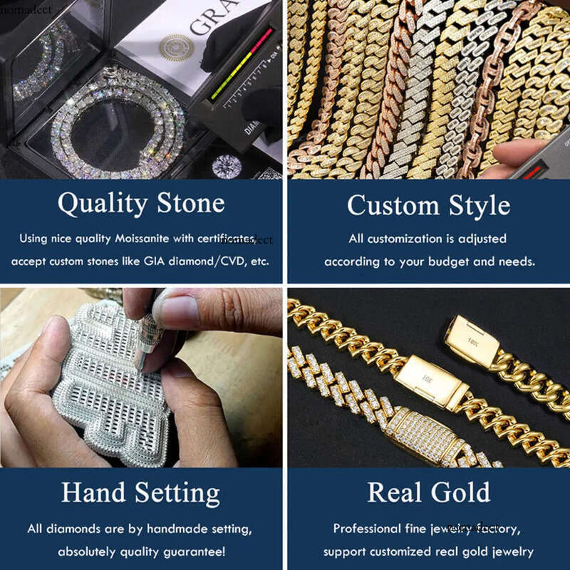 moissanite chain Hip Hop Sier Gold plated 2mm 3mm 4mm 5mm 6.5mm VVS Moissanites Dia Necklace Moissanite Tennis Chain For Men Women 0d