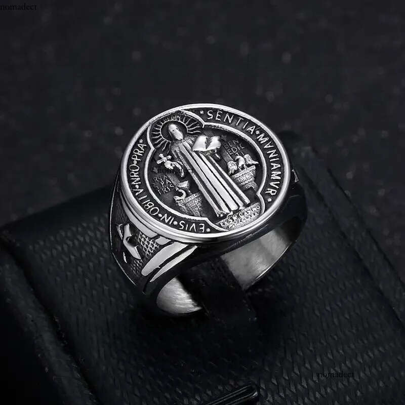 Titanium Steel Catholic Patron Saint St Benedict of Nursia Holy Medal Cross Round Finger Rings for Men Punk Jewelry 64