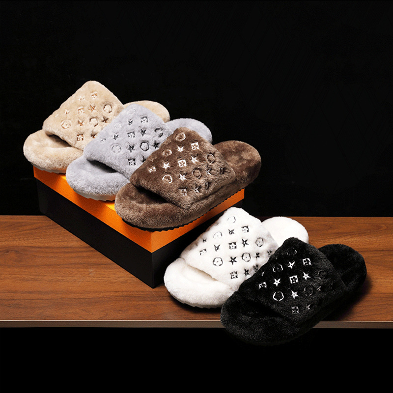 Designer shoes hot free shipping High quality fur integrated slippers new anti slip thick bottom indoor outdoor warm cotton flat slippers white grey b