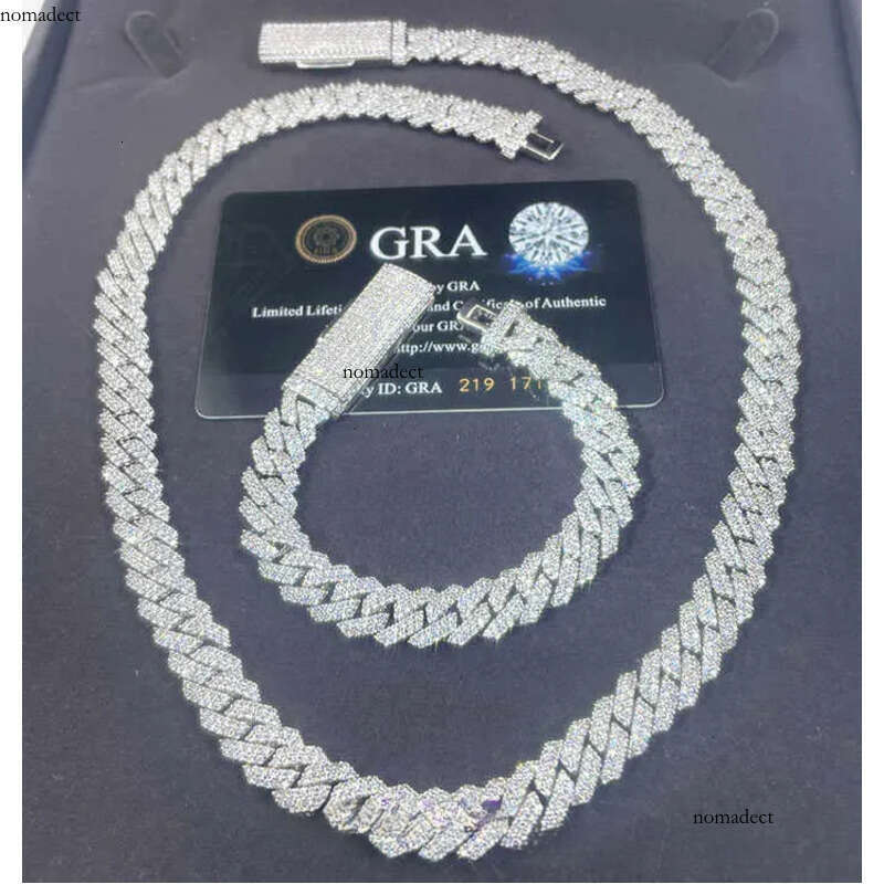 S Solid Sier Chain Jewelry 2rows 10mm 12mm Width GRA Moissanite Dia Cuban k chain Hip Hop Necklace 00