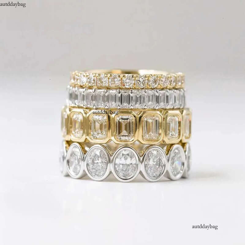 Luster Unique Wedding Eternity Band Sier 14k Gold Bezel Set 3x5mm Emerald Cut Moissanite Oval Ring for Women