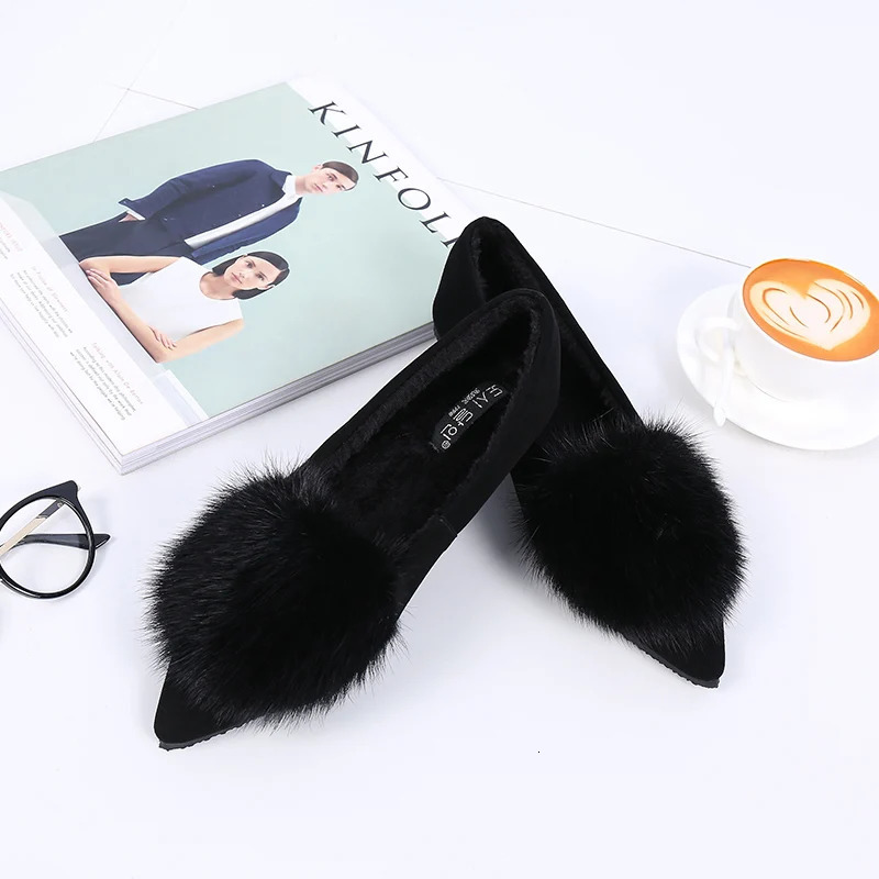 winter mink fur shoes woman pointy cozy plush flats furry moccasins women ballet flats flock mules slip on cotton shoes 250930