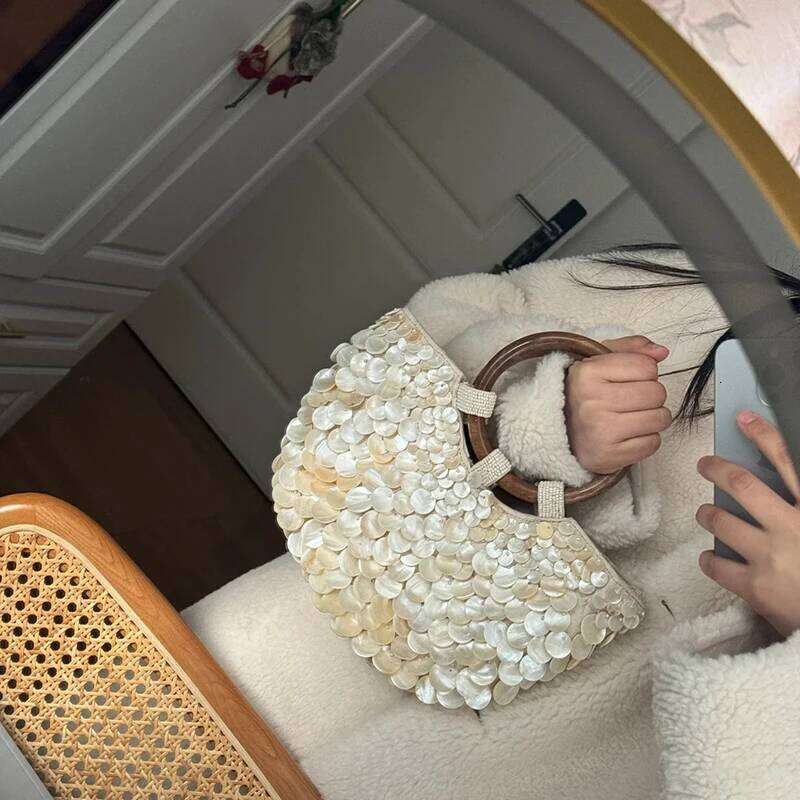 Designer Luxury Wood Handbag Top Handle White Crystal Clutch High Quality Women S Wedding Hand Woven Handbags Fashion Bag