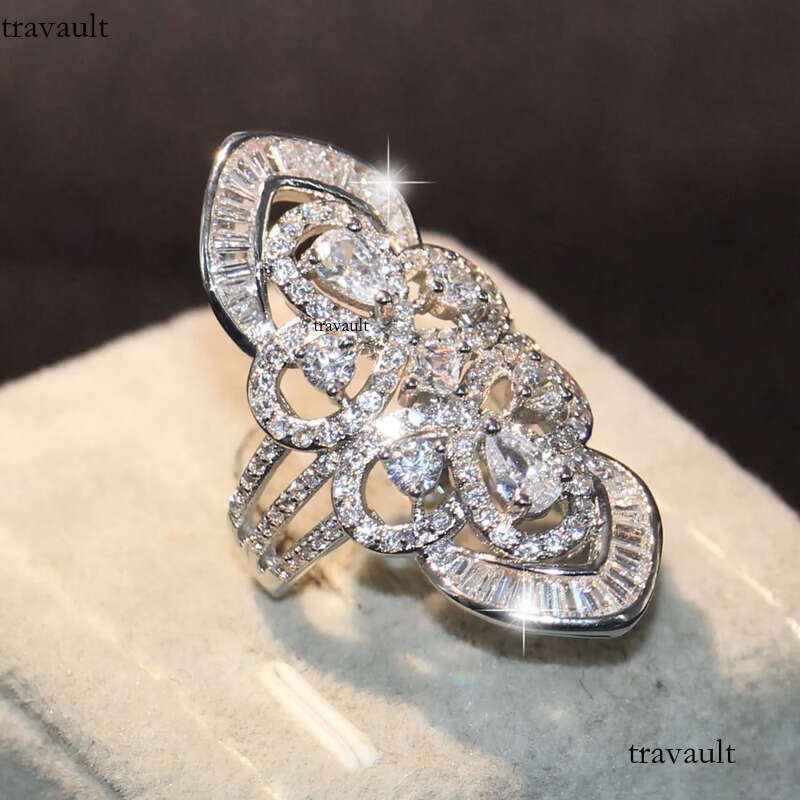 Brand New Jewelry Sterling Sier Pear Cut White Topaz CZ Dia Gemstones Princess Office Sparkling Wedding Wide Band Ring