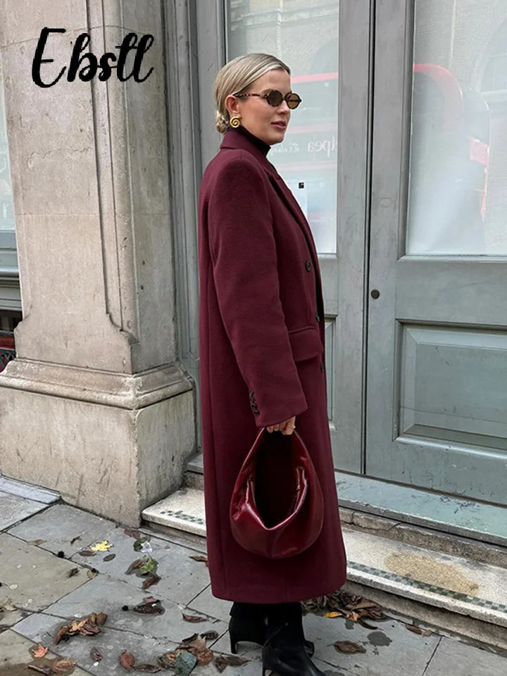 Wine Red Woolen Coats With Scarf Women Elegant Full Sleeve Double Breasted Long Overcoat 2025 Autumn Winter Lady Streetwear 251029