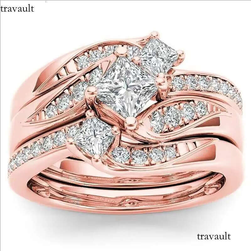 DHcollections Rose Gold Plated Simulated Dia Micro Set With Zircon Three Engagement Ring