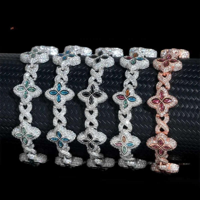 Hot Selling Colorful Hip Hop Iced Out Jewelry 15mm Sier Clover Cuban Moissanite Infinity Link Bracelet for Men
